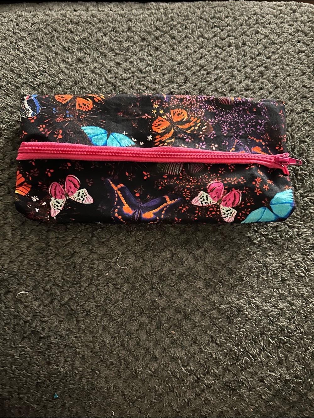 Hand Crafted Black Butterfly Pencil Case with Pink and Blue Accents